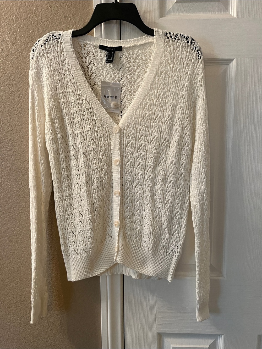 Forever 21 Cream Openwork V-Neck Button-Up Cardigan Medium